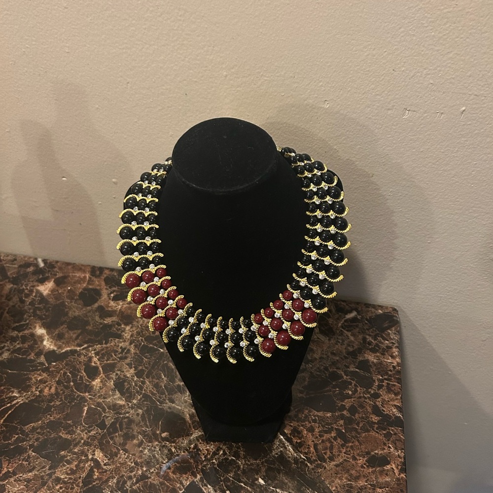 Navy Blue & Black Collar Necklace Beaded Egyptian Style